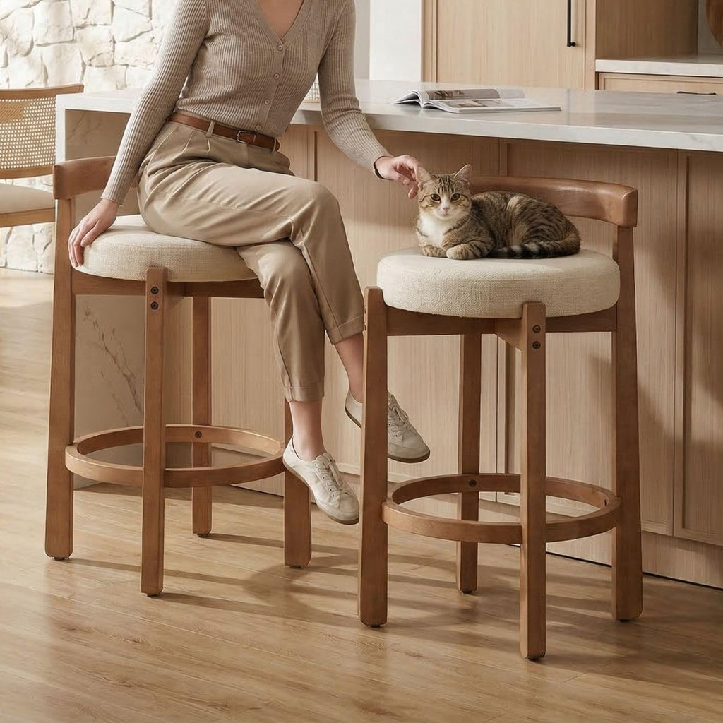 LukeAlon Rustic Modern Round Wood-Leg Low-Back Stool 5733
