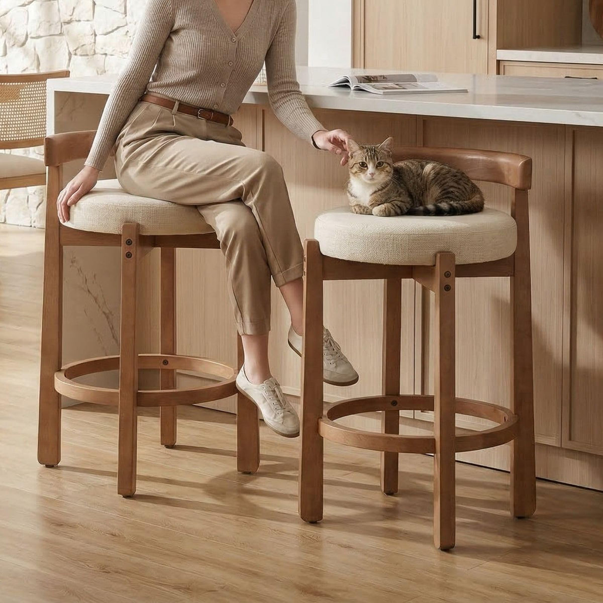 LukeAlon Rustic Modern Round Wood-Leg Low-Back Stool 5733