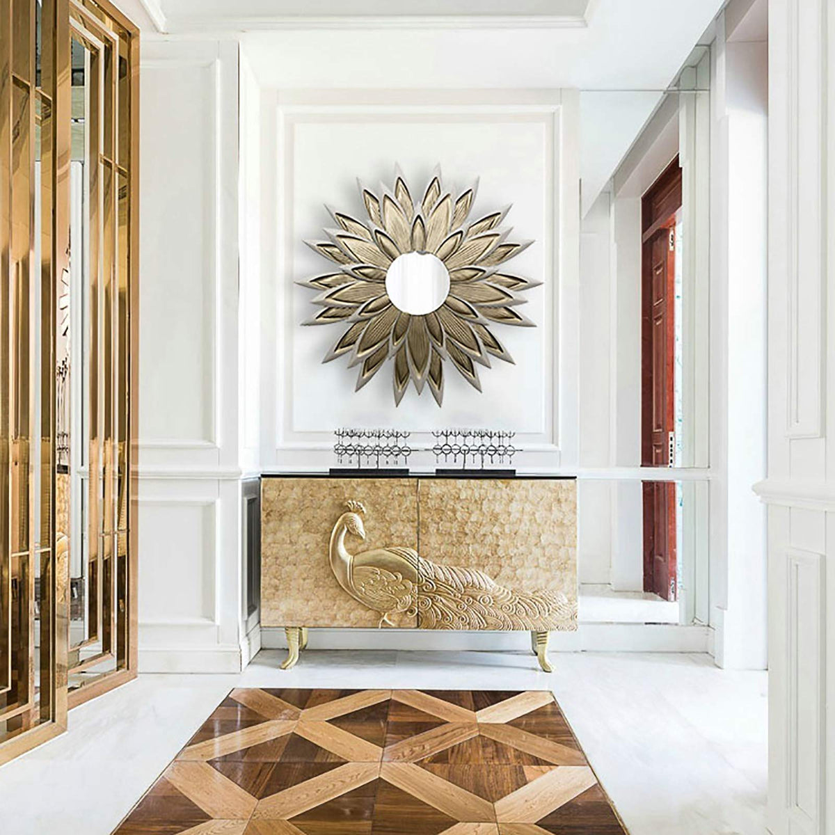 Flower-Shaped Decorative Metal Wall Mirror for Entryway