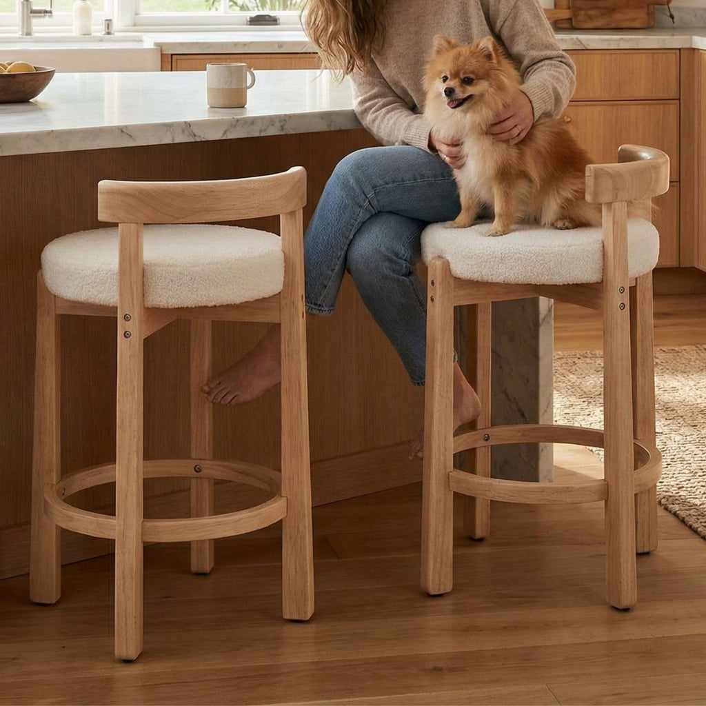 LukeAlon Rustic Modern Round Wood-Leg Low-Back Stool 5733