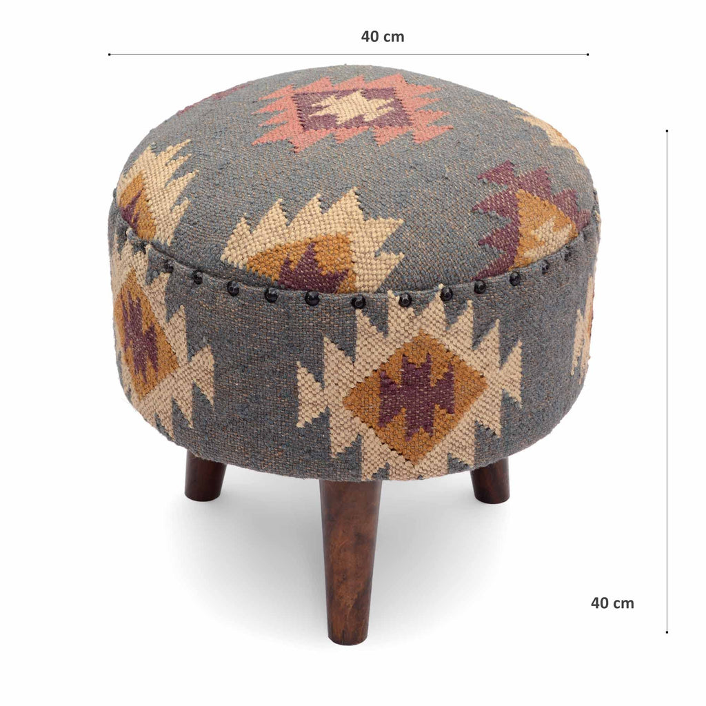 Natural Jute-Finish Wooden Kilim Stool for Living Room