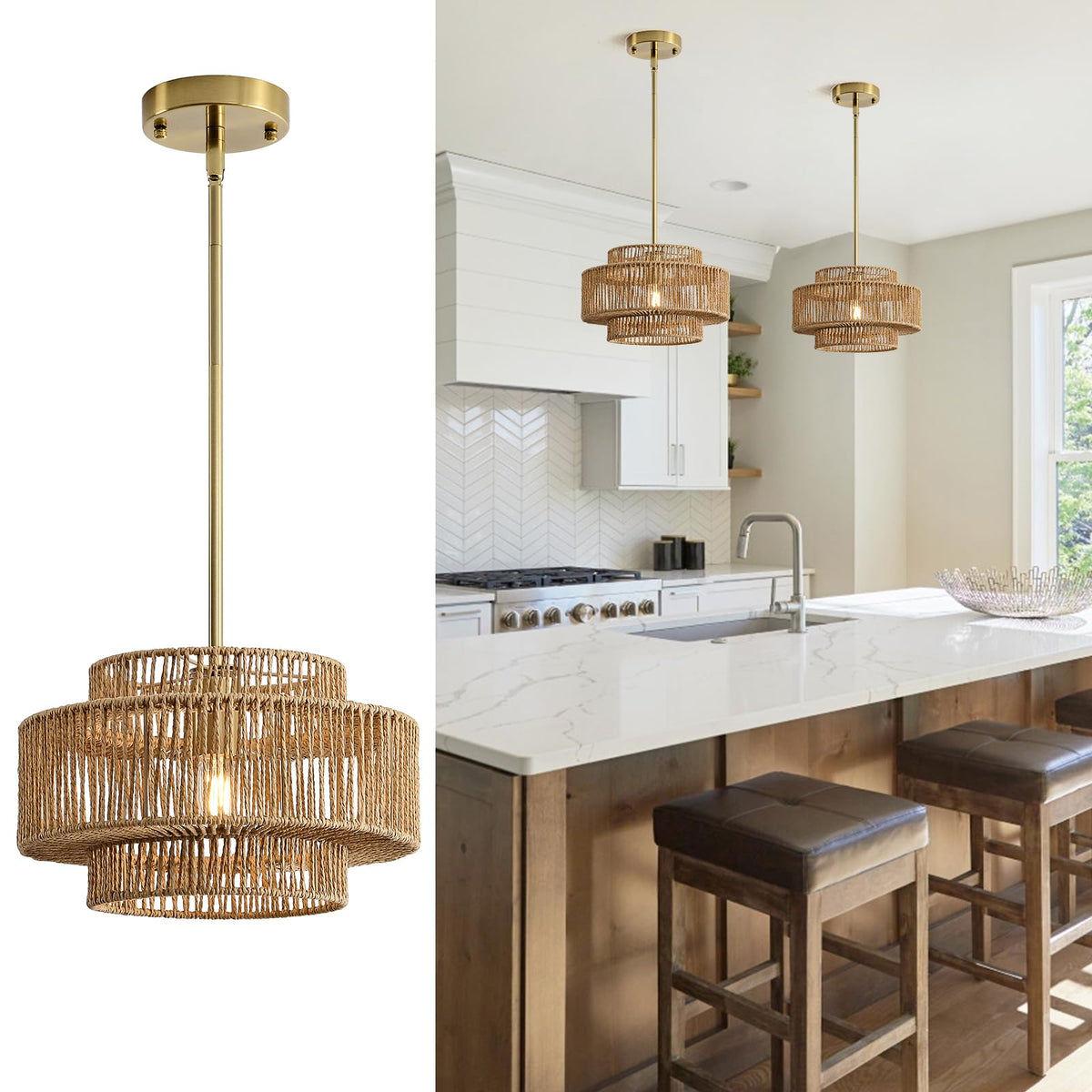 InterMaka Large Boho Rattan Chandelier Light Fixture