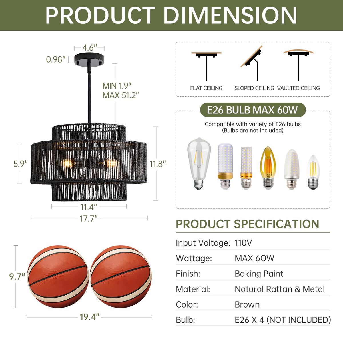 InterMaka Large Boho Rattan Chandelier Light Fixture