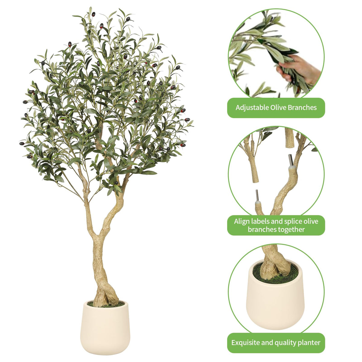 Realead Tall Artificial Olive Tree with White Planter