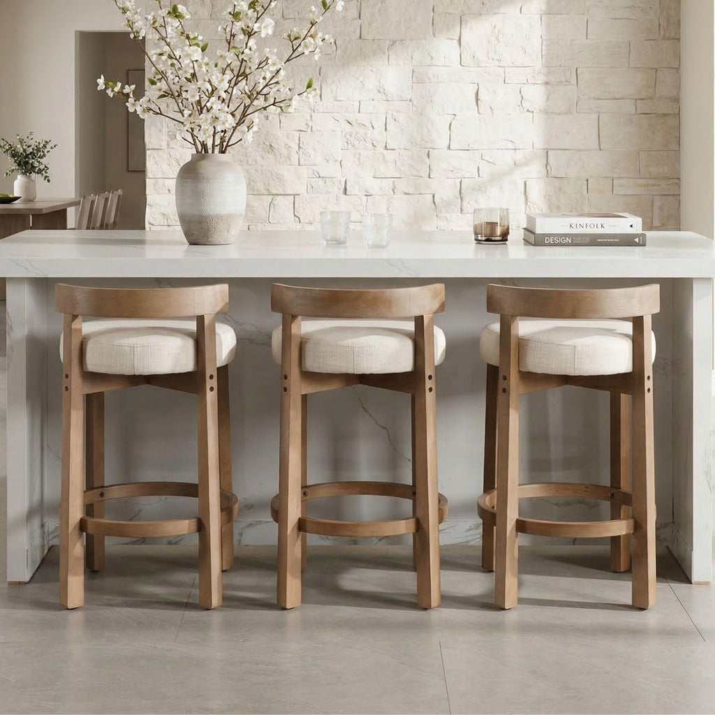 LukeAlon Rustic Modern Round Wood-Leg Low-Back Stool 5733