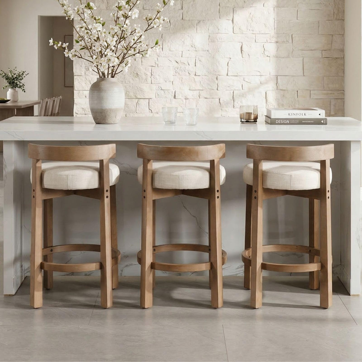 LukeAlon Rustic Modern Round Wood-Leg Low-Back Stool 5733