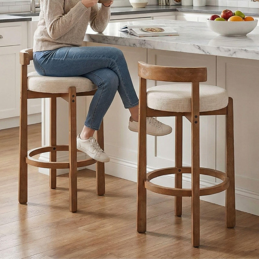 LukeAlon Rustic Modern Round Wood-Leg Low-Back Stool 5733