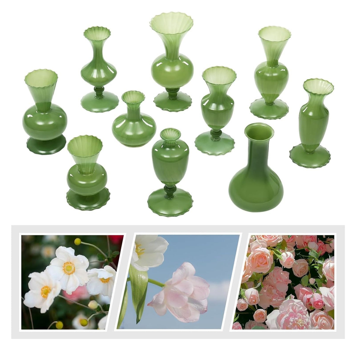 10-Piece Vintage Green Glass Bud Vase Set for Centerpieces