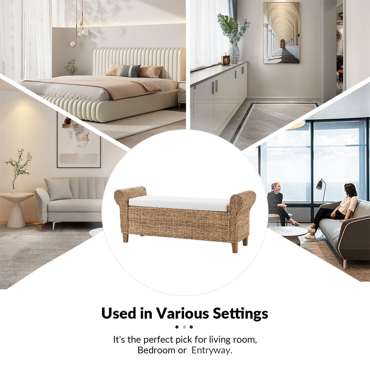56-Inch Rattan Storage Bench with Rolled Armrests