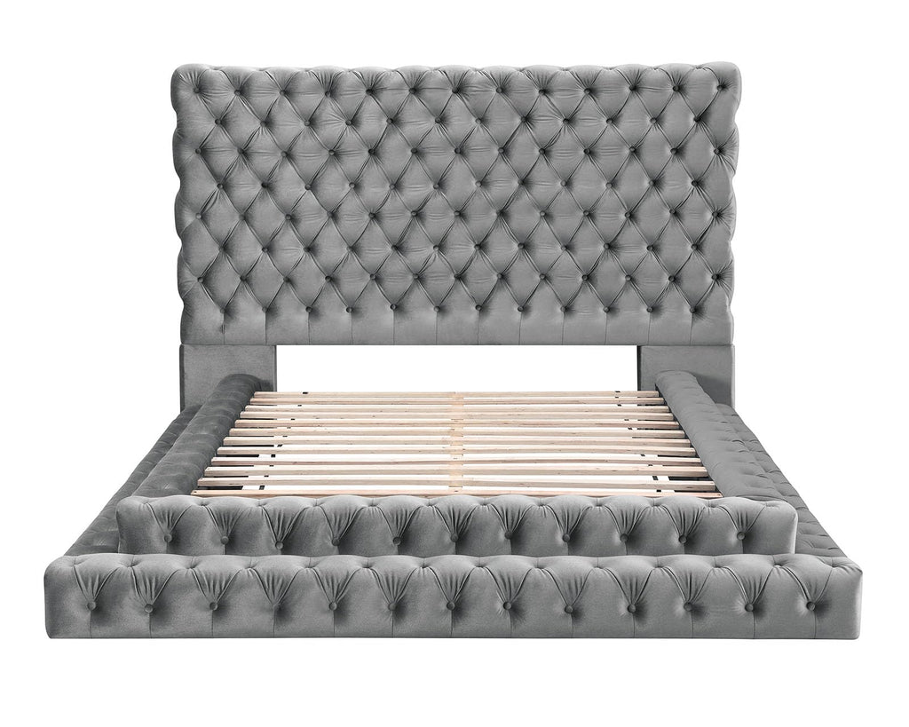Gray King Upholstered Platform Bed with Tufted Headboard