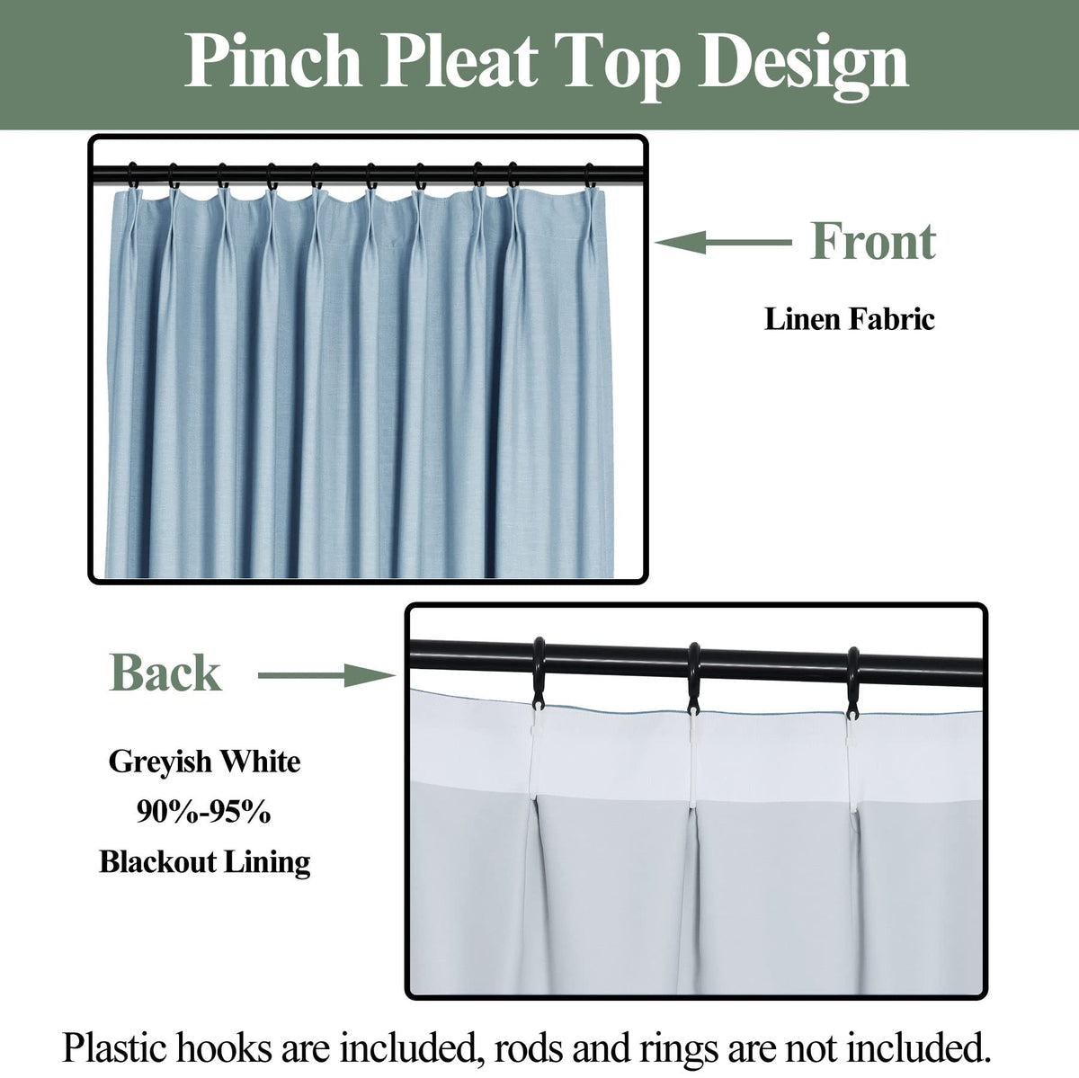 Frelement Light-Filtering Linen Pinch Pleat Curtains, 2 Panels