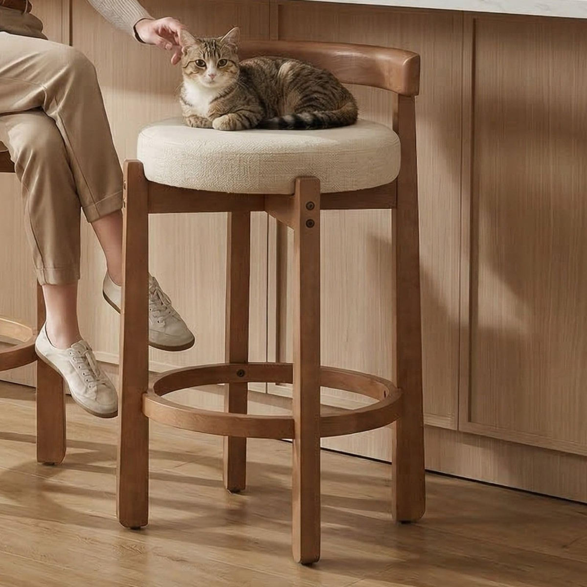 LukeAlon Rustic Modern Round Wood-Leg Low-Back Stool 5733