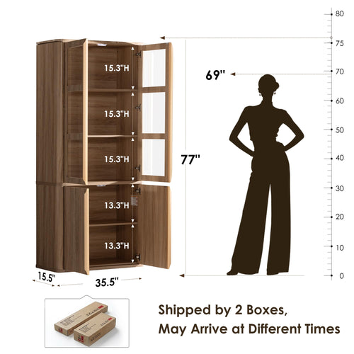 77-Inch Fluted Storage Cabinet with Glass Doors