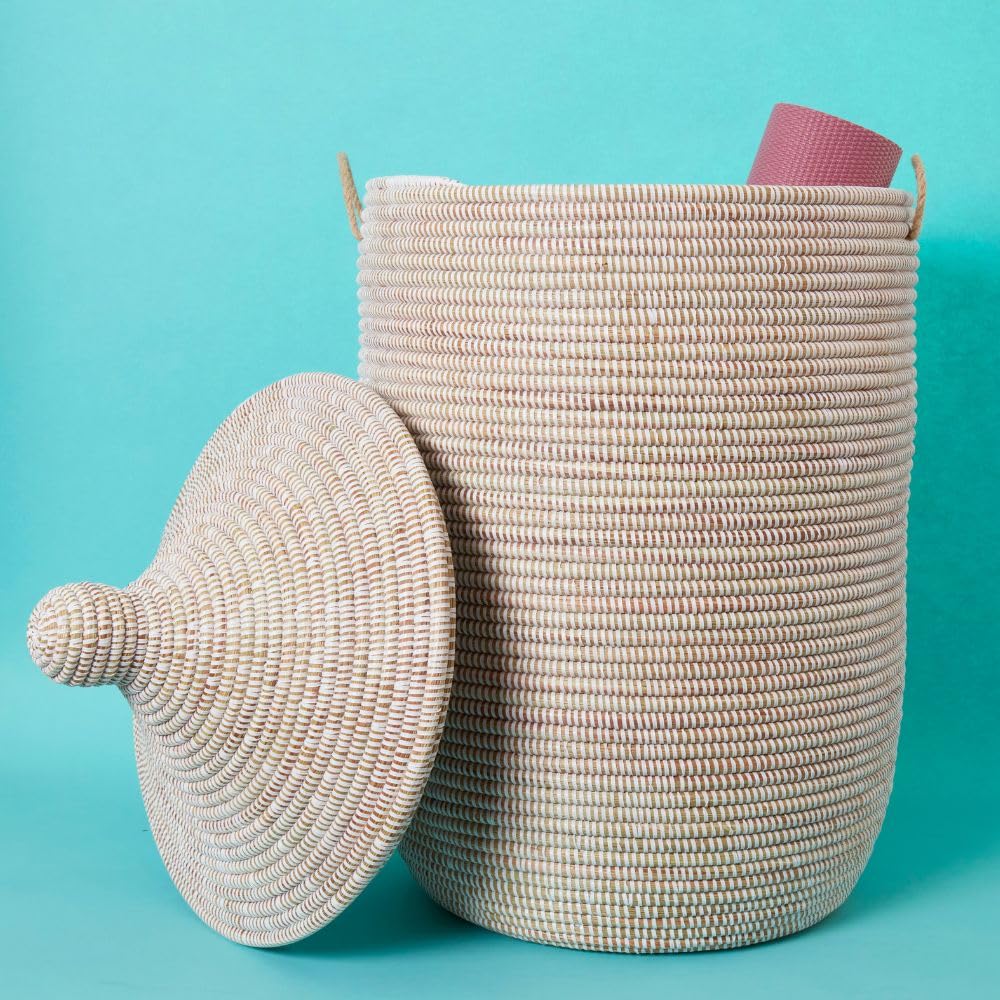 Large Boho Wicker Storage Basket with Lid, 23-Inch
