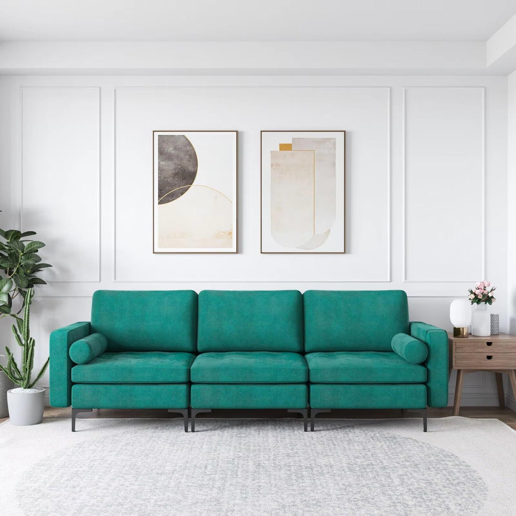 UMKLSW 3-Seat Modular Blue Suede Sofa with Storage Pocket