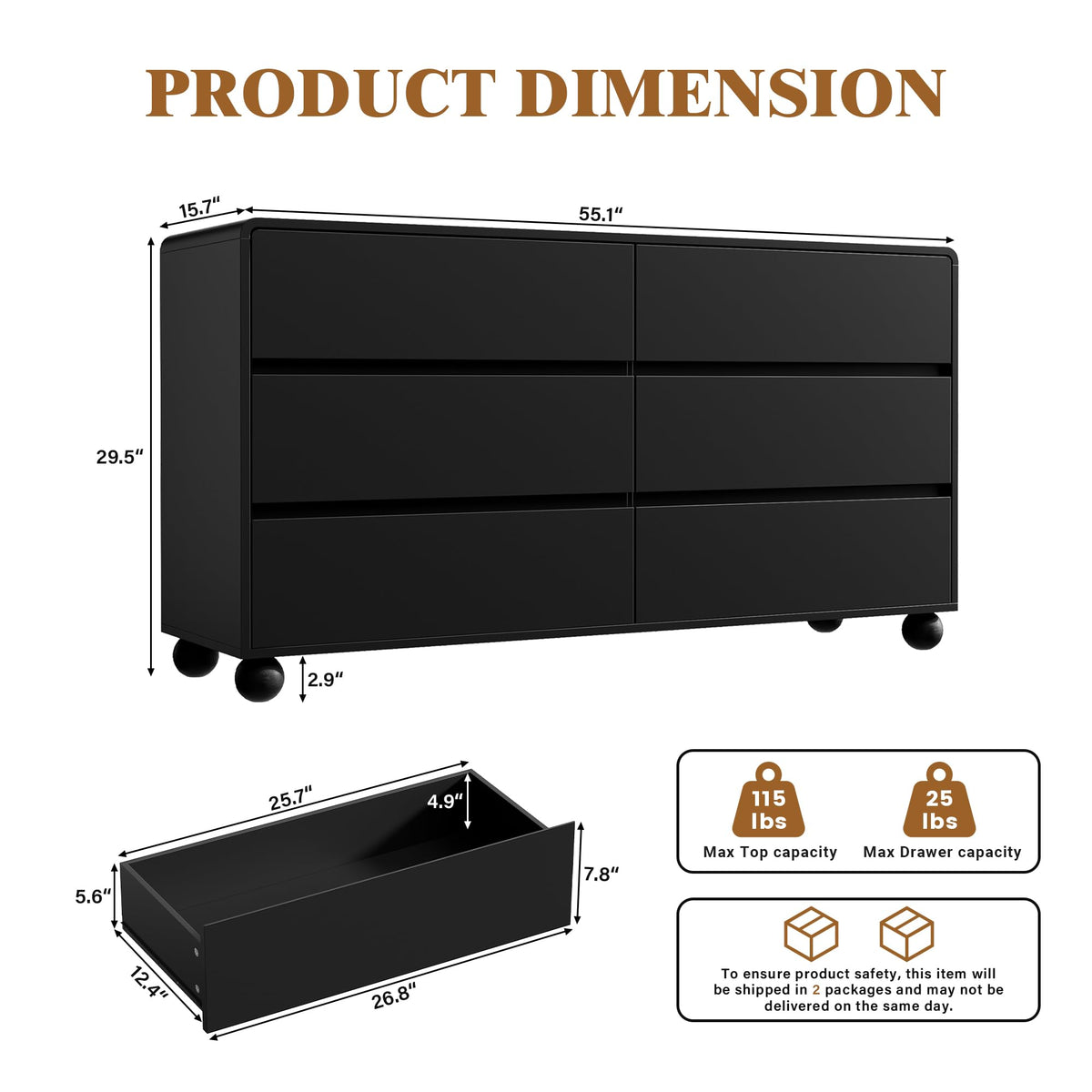 Furniway Modern 6-Drawer Bedroom Dresser with Storage