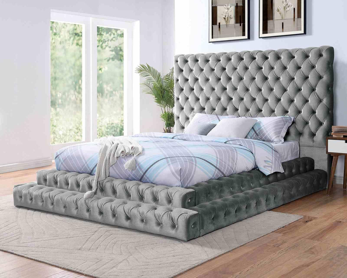 Gray King Upholstered Platform Bed with Tufted Headboard