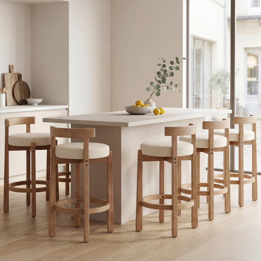 LukeAlon Rustic Modern Round Wood-Leg Low-Back Stool 5733