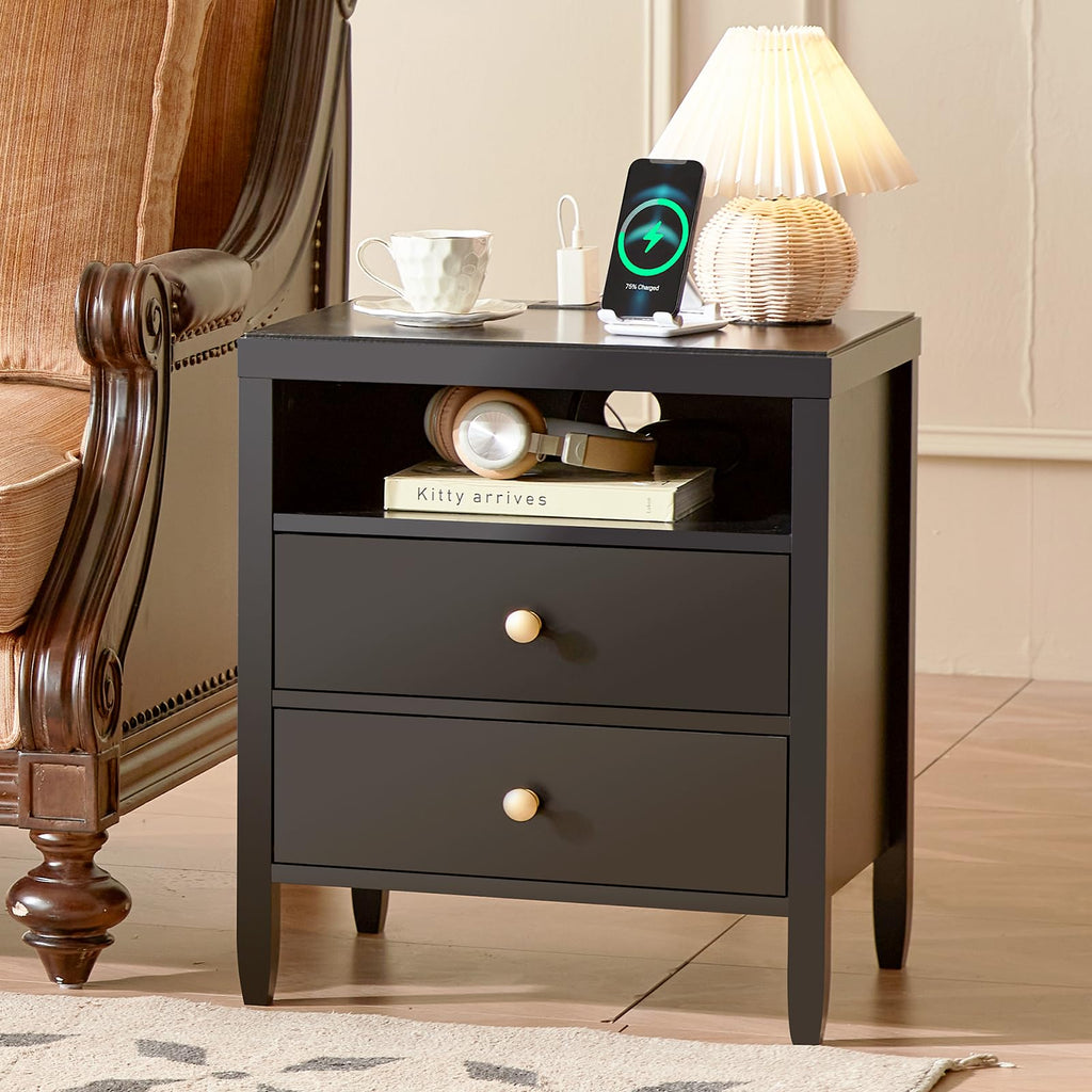 Modern Nightstand with Charging Station, 2 Drawers & Storage