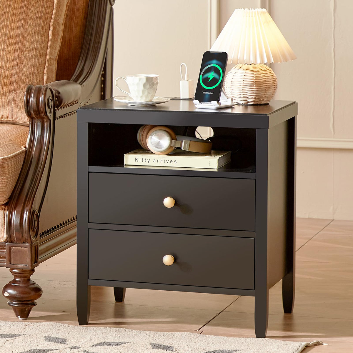 Modern Nightstand with Charging Station, 2 Drawers & Storage