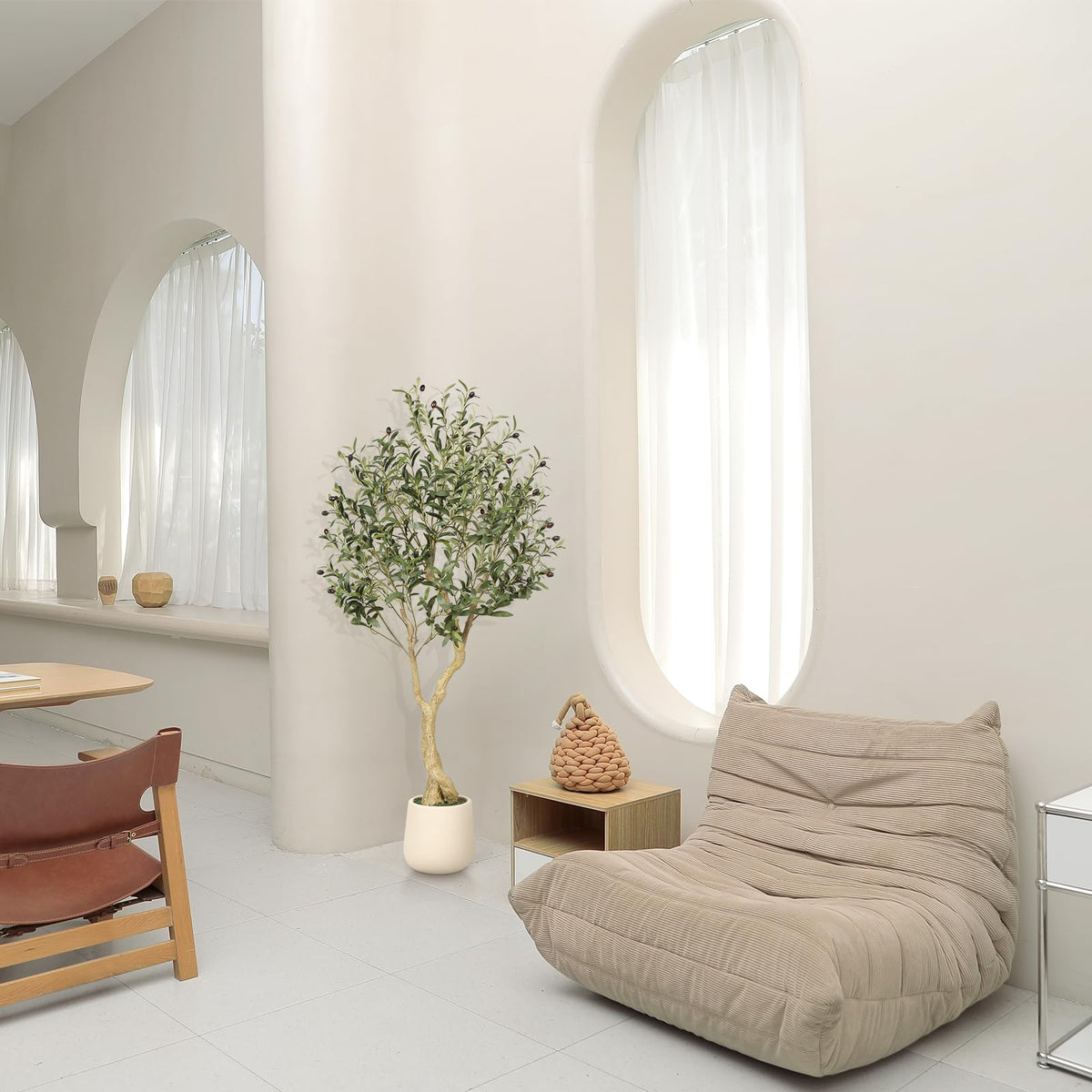 Realead Tall Artificial Olive Tree with White Planter