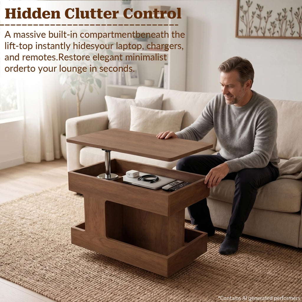 OKCMTR Solid Wood Lift-Top Coffee Table with Wheels, Walnut