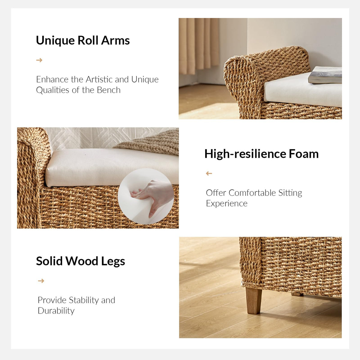 56-Inch Rattan Storage Bench with Rolled Armrests