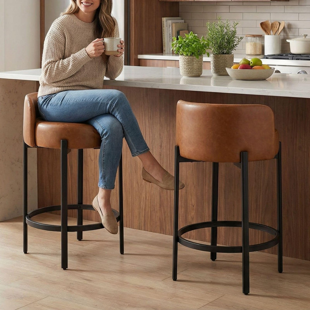 LukeAlon Rustic Modern Round Wood-Leg Low-Back Stool 5733