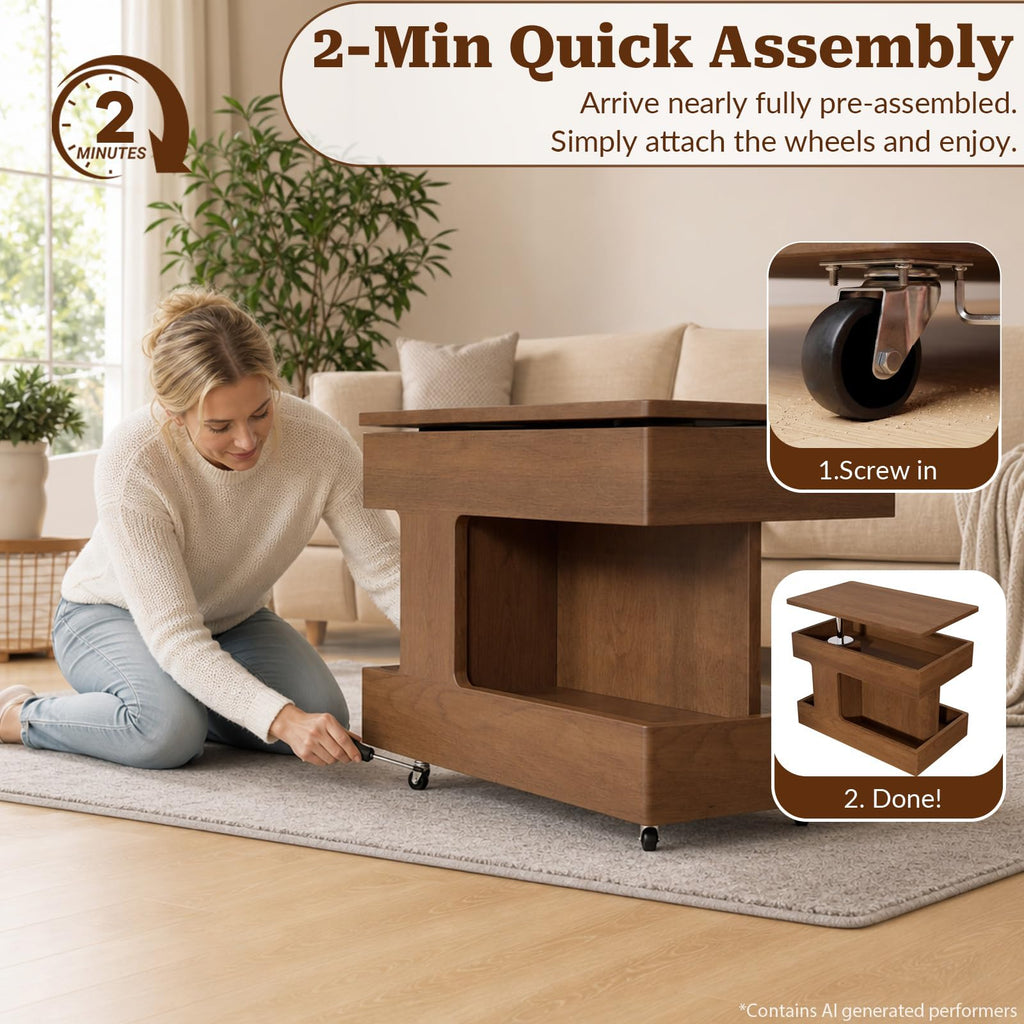 OKCMTR Solid Wood Lift-Top Coffee Table with Wheels, Walnut