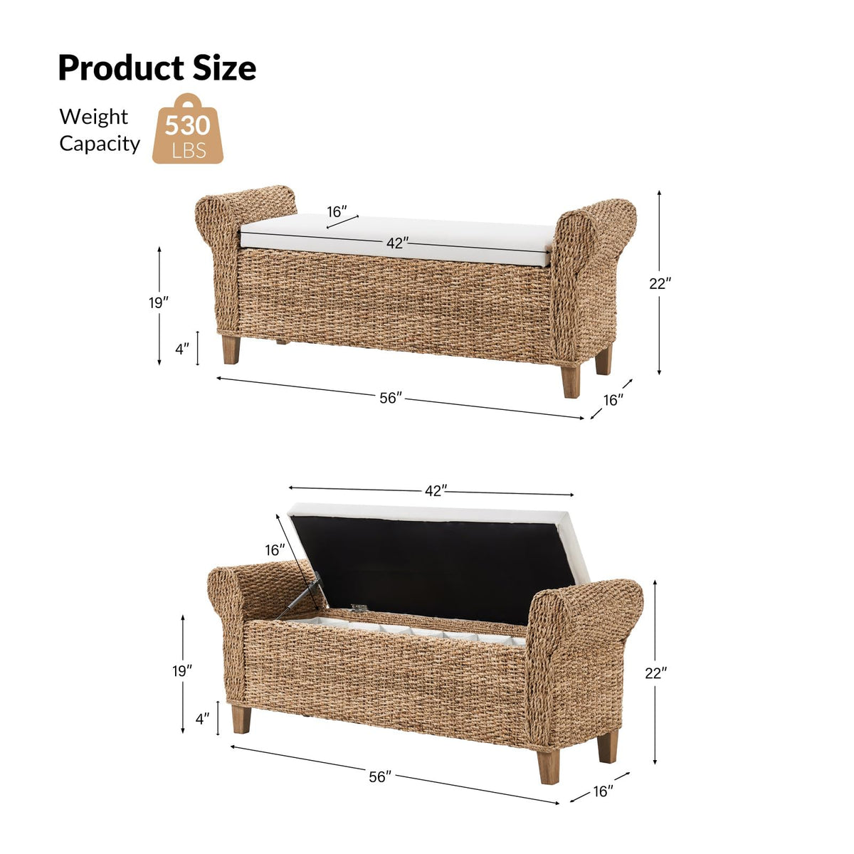 56-Inch Rattan Storage Bench with Rolled Armrests