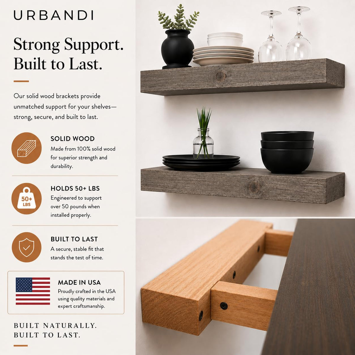 Set of 2 Rustic Pine Wood Floating Wall Shelves