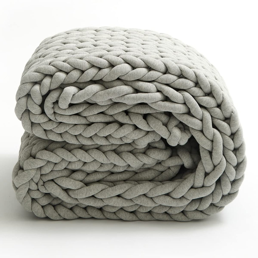 Chunky Knit Cotton Throw Blanket, Light Gray 120 x 150 cm