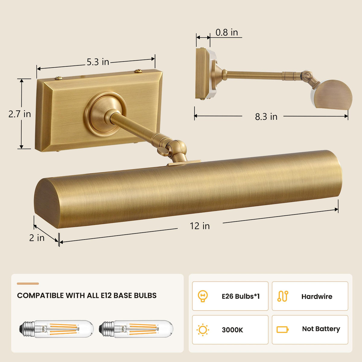 housondmy Hardwired Brass Picture Light for Wall Art