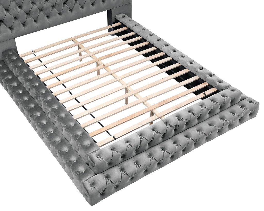 Gray King Upholstered Platform Bed with Tufted Headboard
