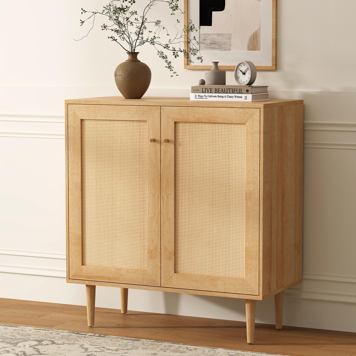 Boho Rattan Sideboard Cabinet with Adjustable Shelves