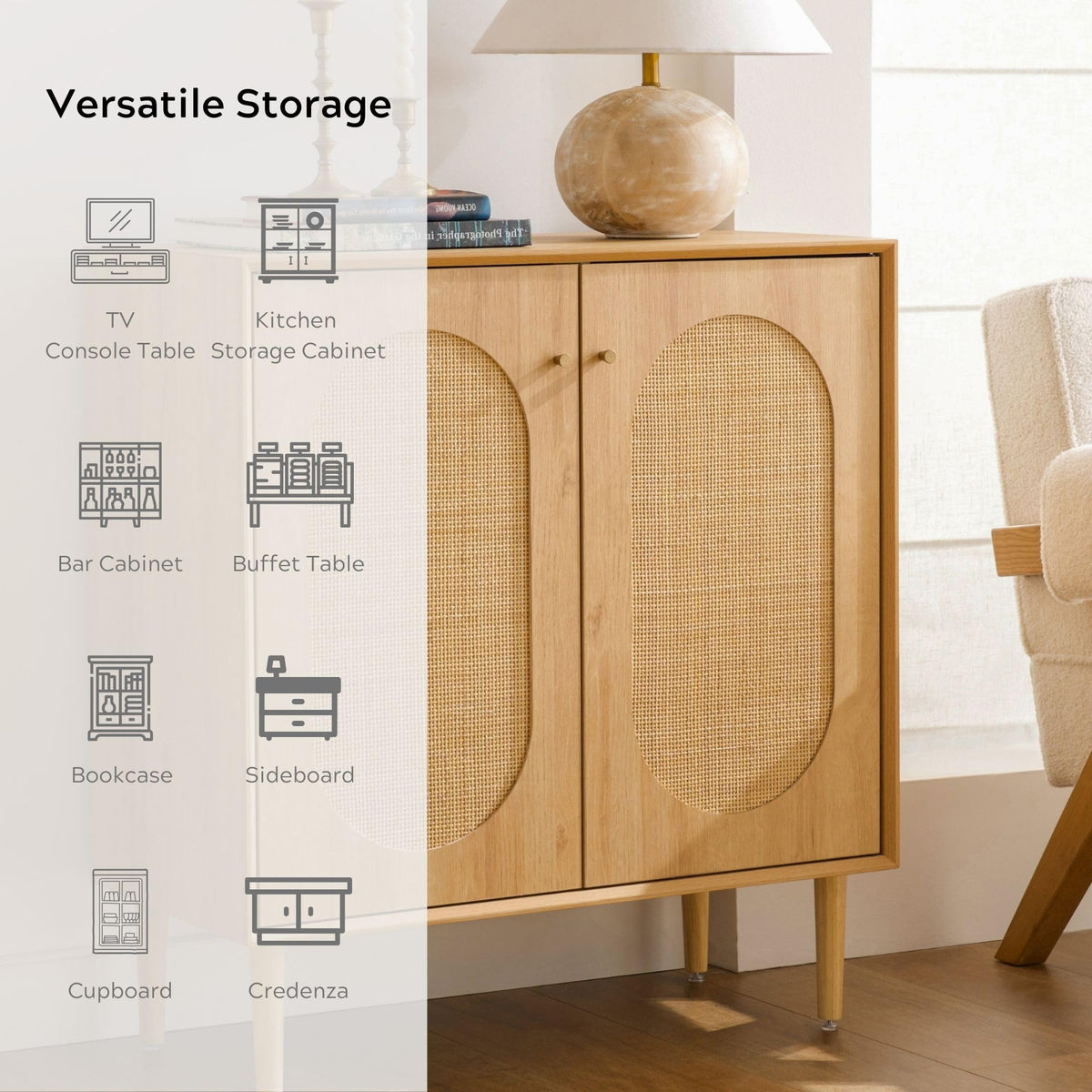 Boho Rattan Sideboard Cabinet with Adjustable Shelves