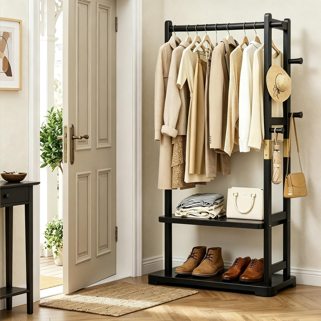 Solid Wood Hall Tree Coat Rack with 2 Shelves & 5 Hooks
