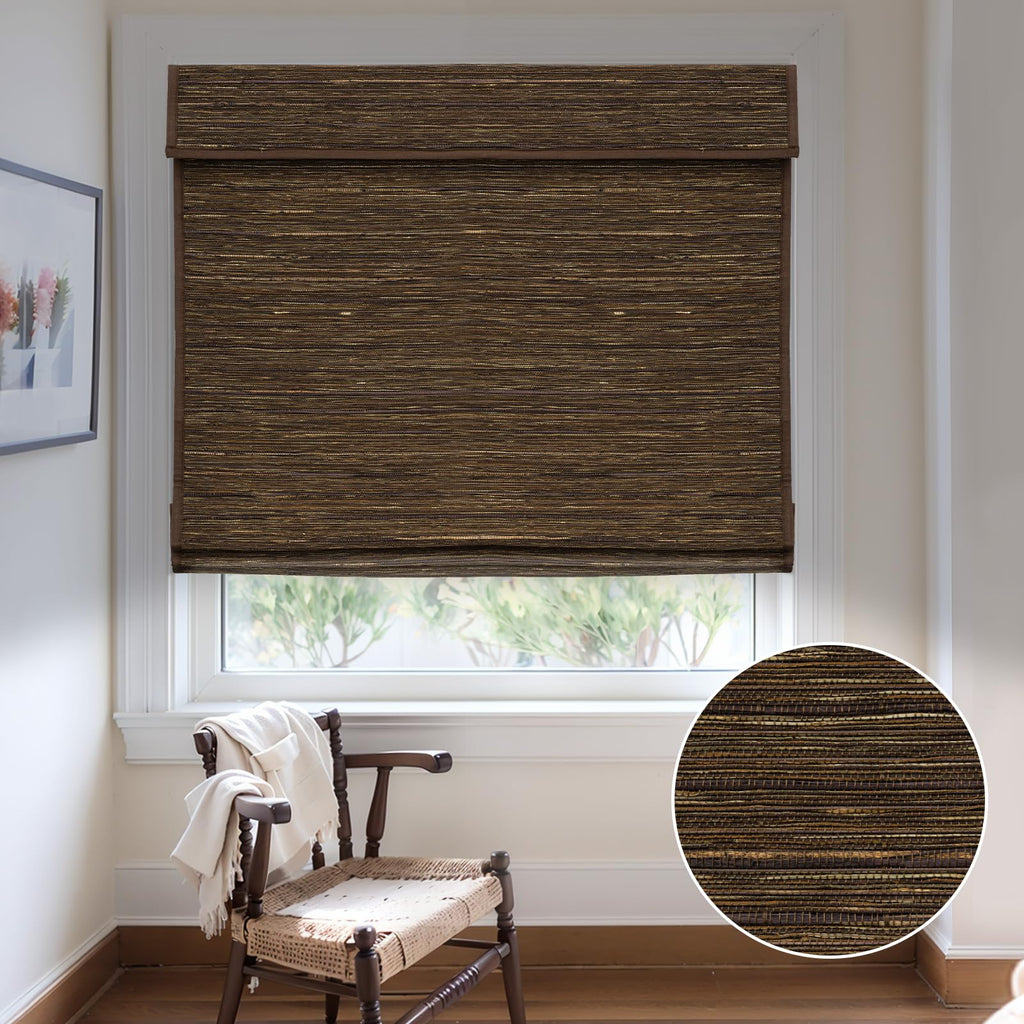 Cordless Ramie Roman Shade, 95% Blackout, Brown 74.5 x 48 Inch