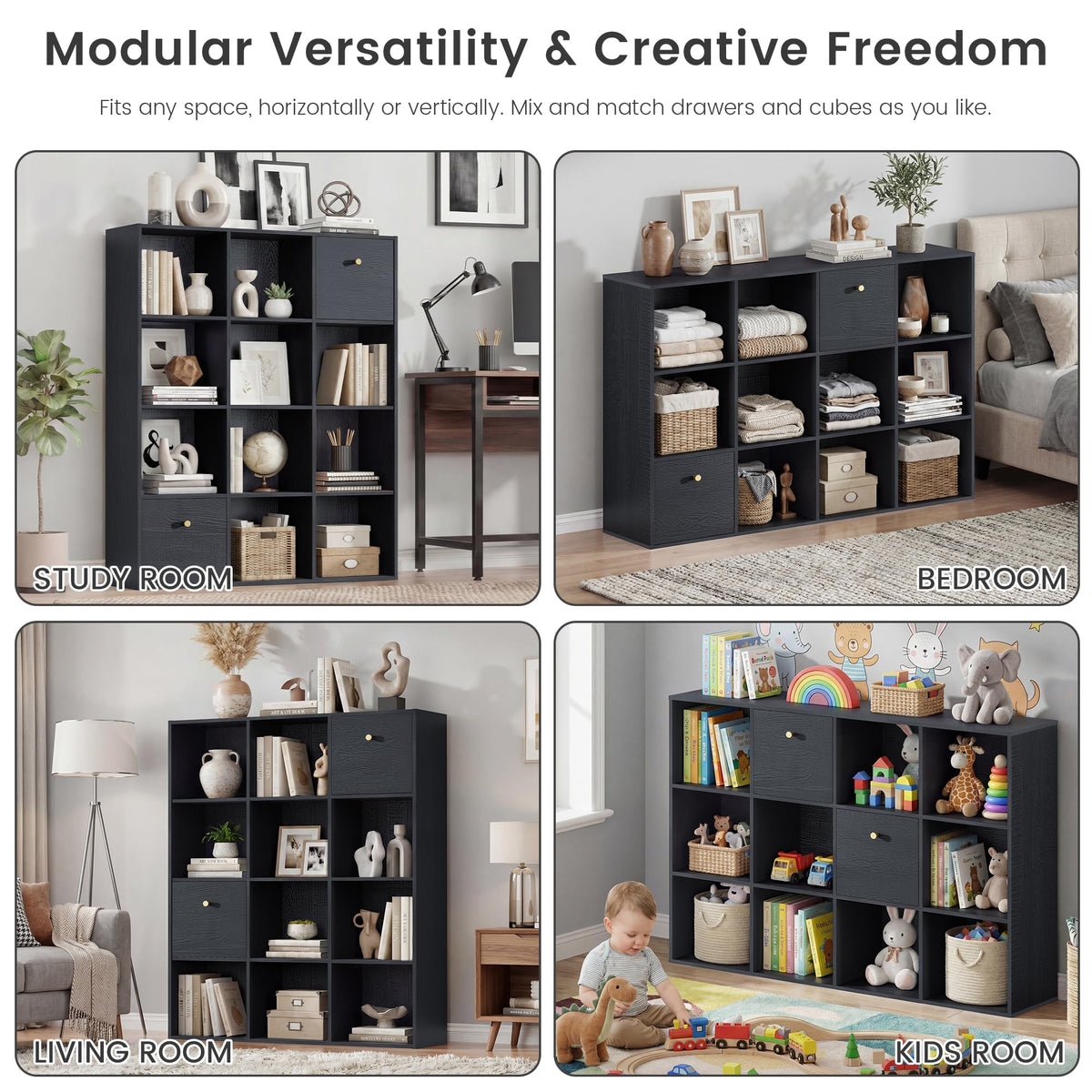 Wood Cube Storage Bookcase with Fabric Drawers & Bins