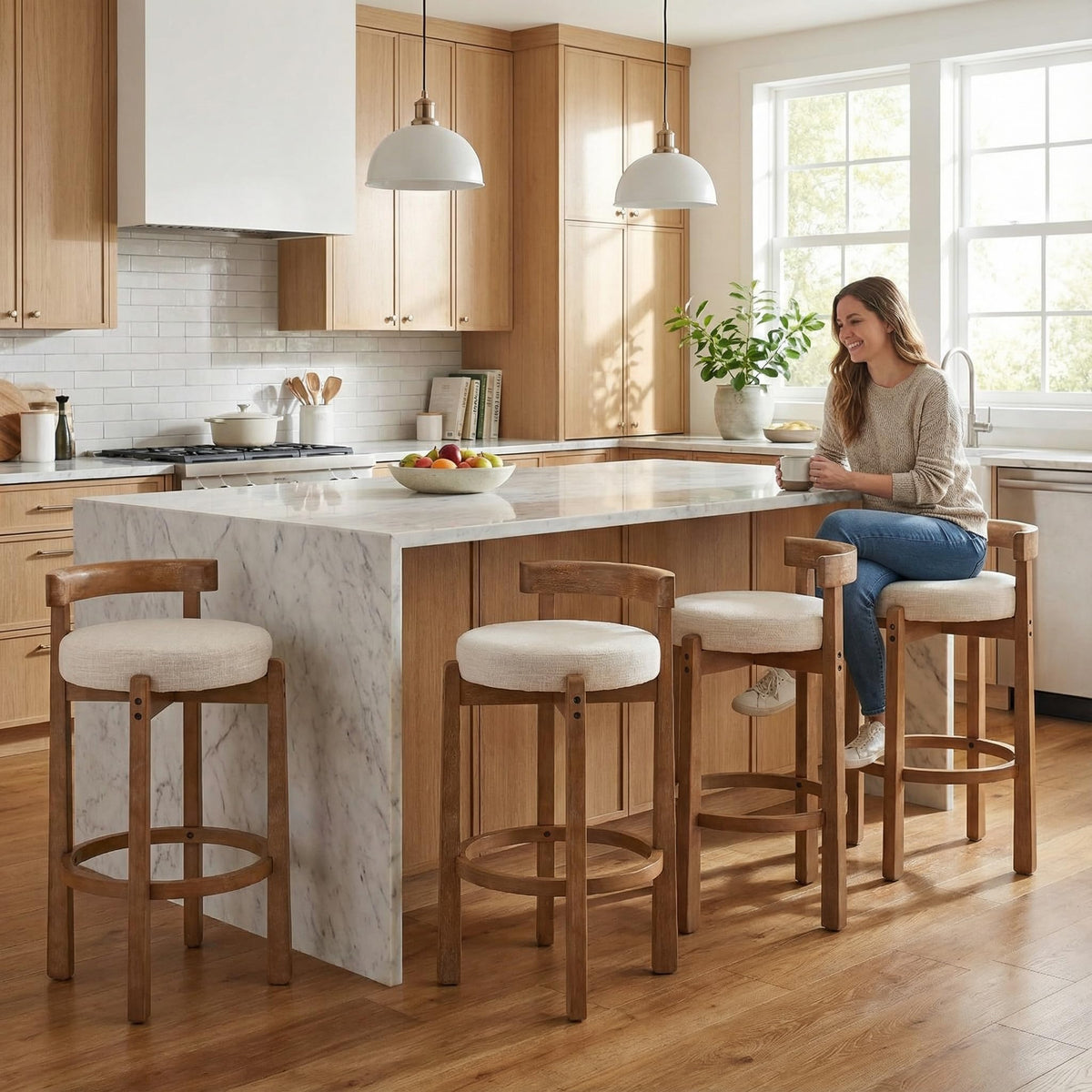 LukeAlon Rustic Modern Round Wood-Leg Low-Back Stool 5733