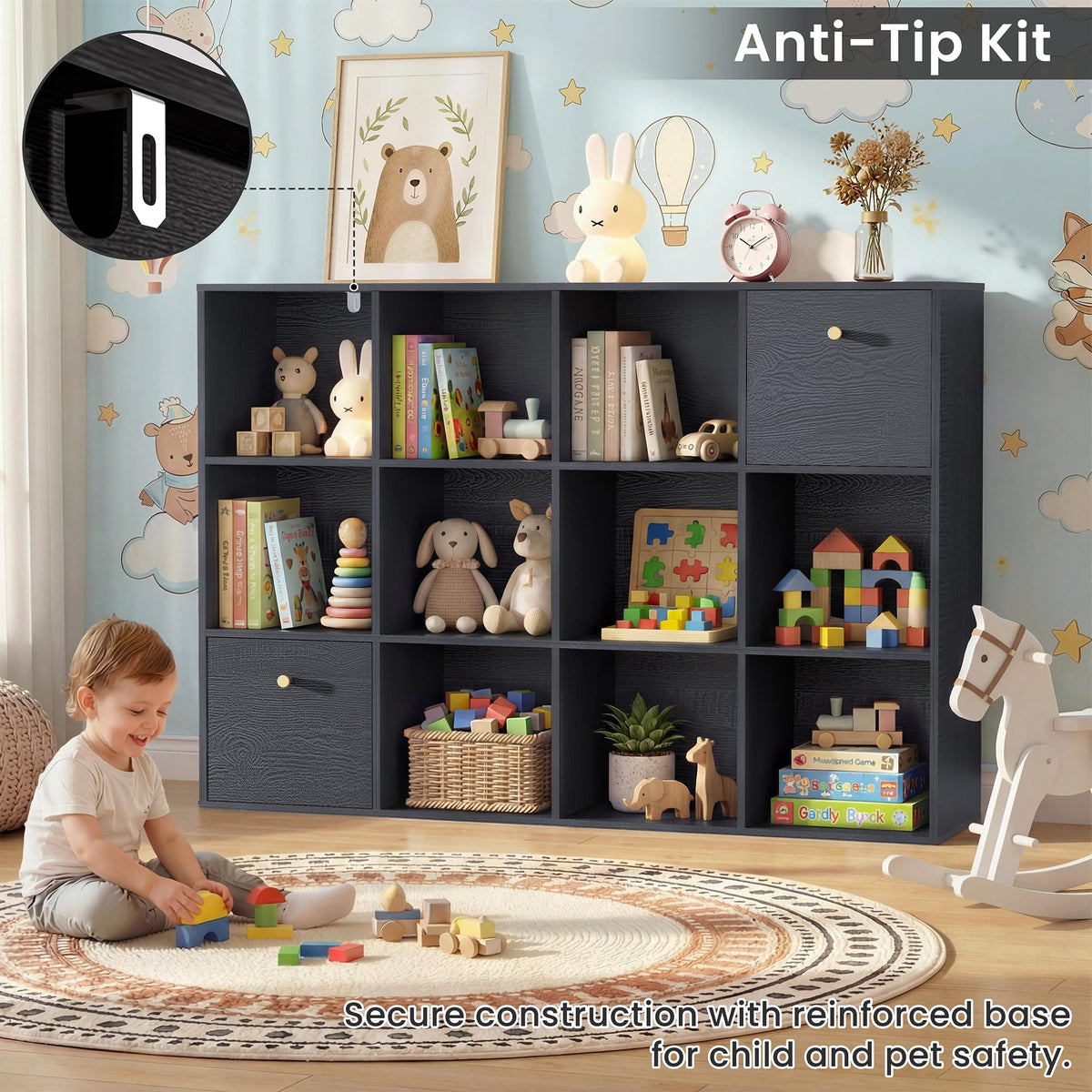 Wood Cube Storage Bookcase with Fabric Drawers & Bins
