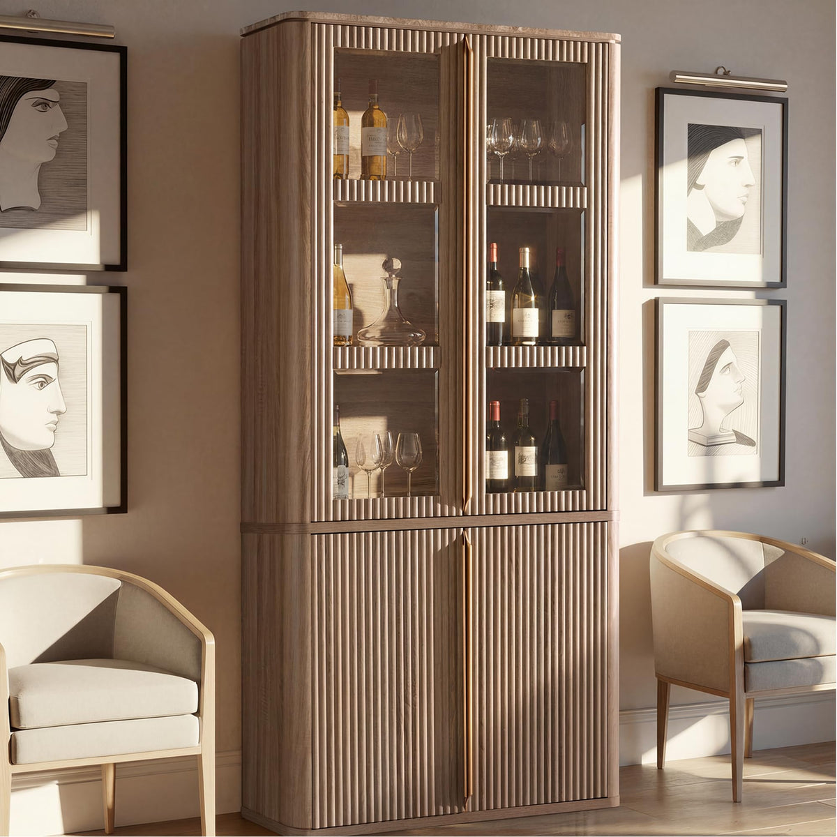 77-Inch Fluted Storage Cabinet with Glass Doors