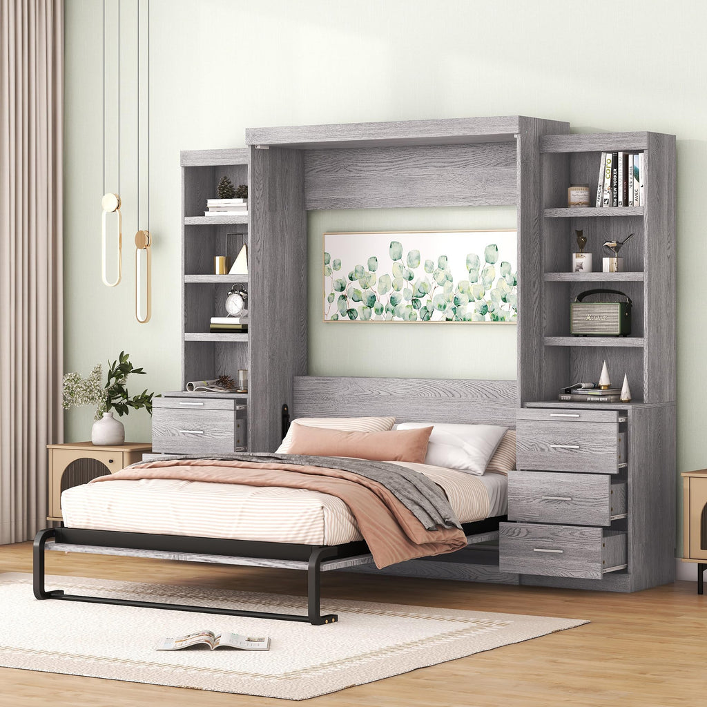 Full-Size Gray Storage Bed with Shelves & Drawers