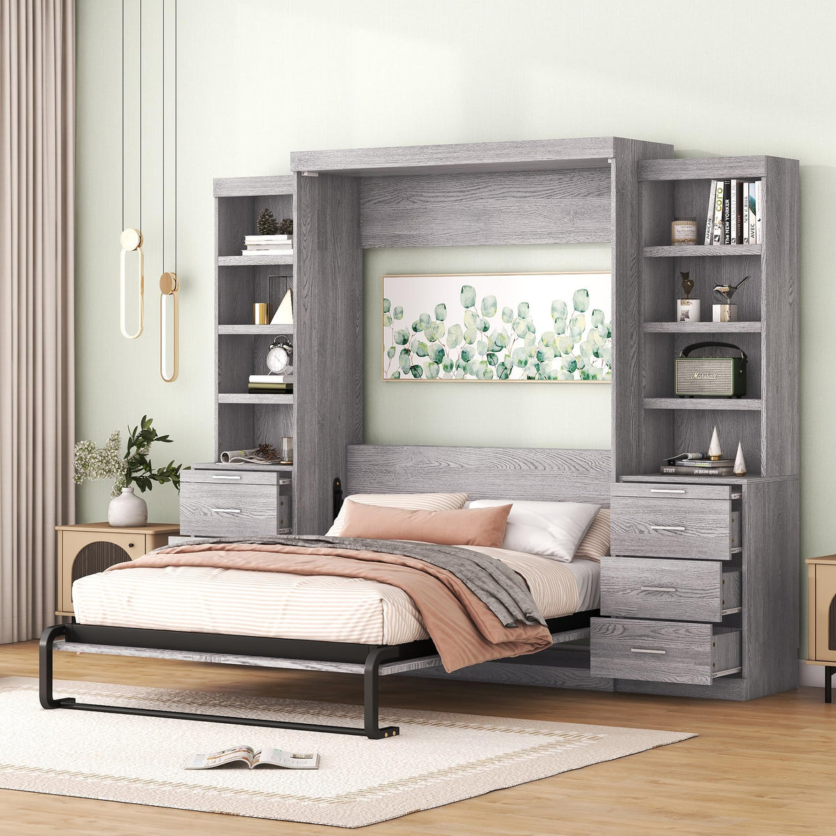 Full-Size Gray Storage Bed with Shelves & Drawers