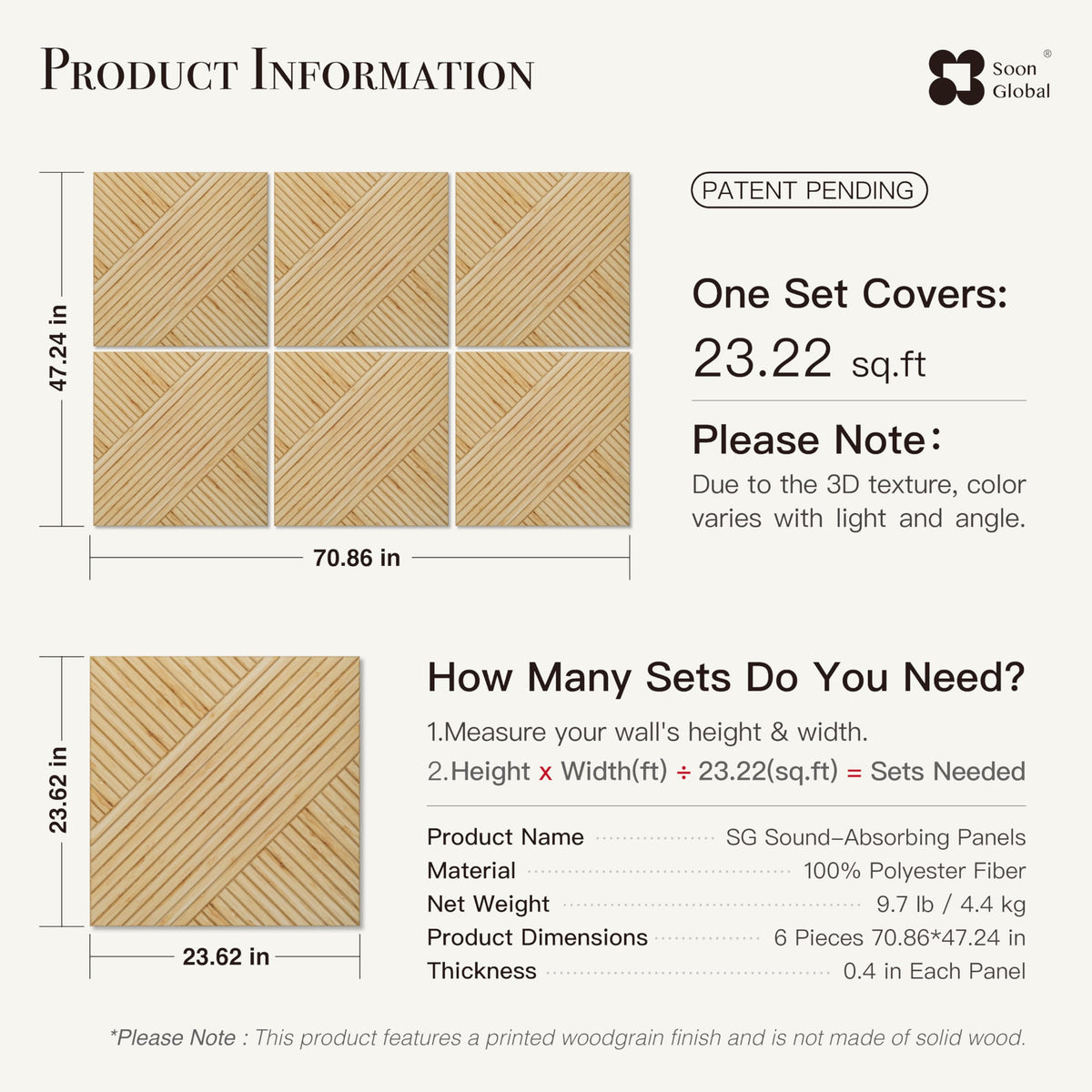 Soon Global 8-Pack Decorative Acoustic Wall Panels, 48 x 32 Inch