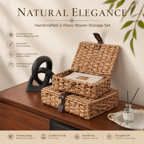 2-Piece Woven Water Hyacinth Storage Boxes with Lids