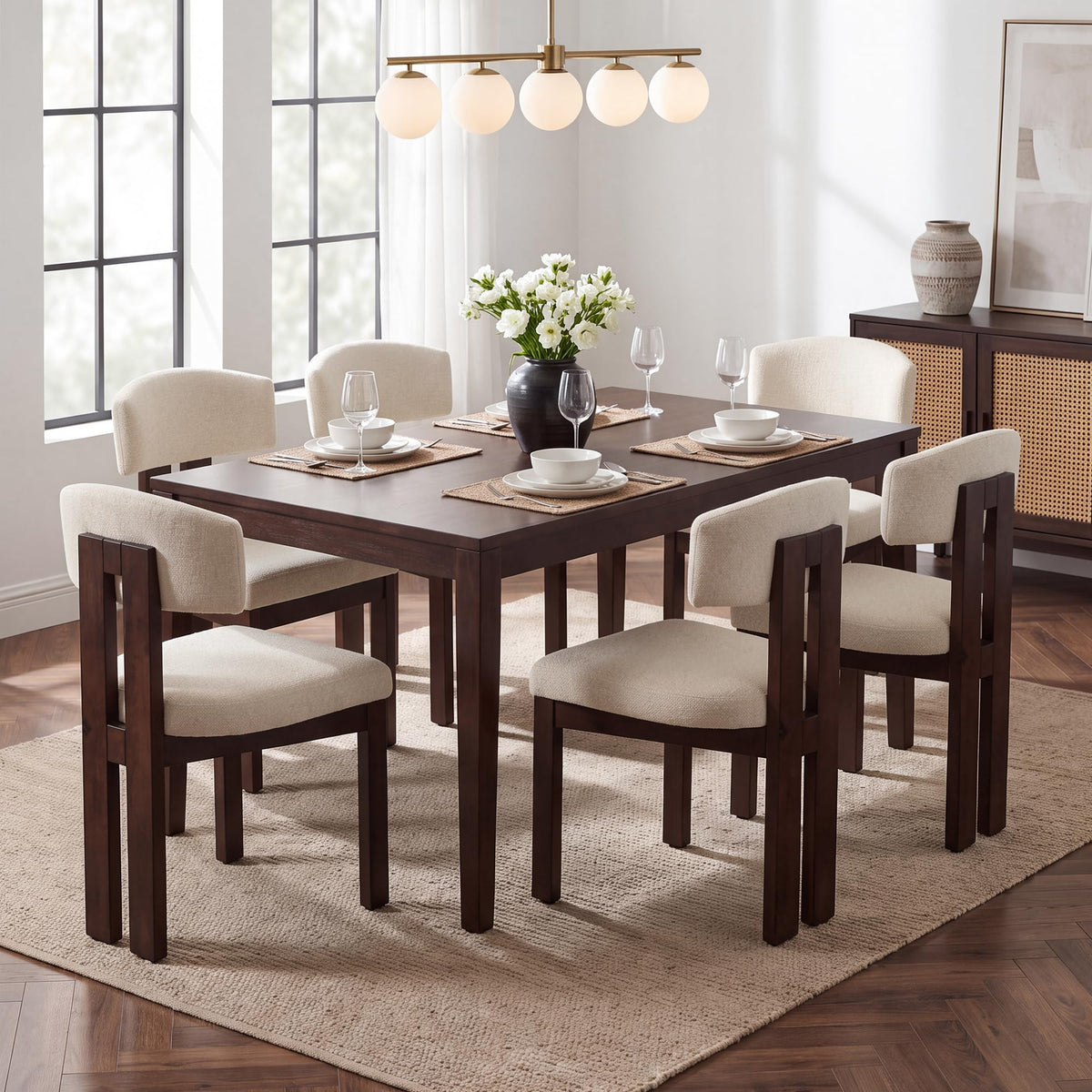 COLAMY Set of 4 Upholstered Dining Chairs, Beige & Walnut