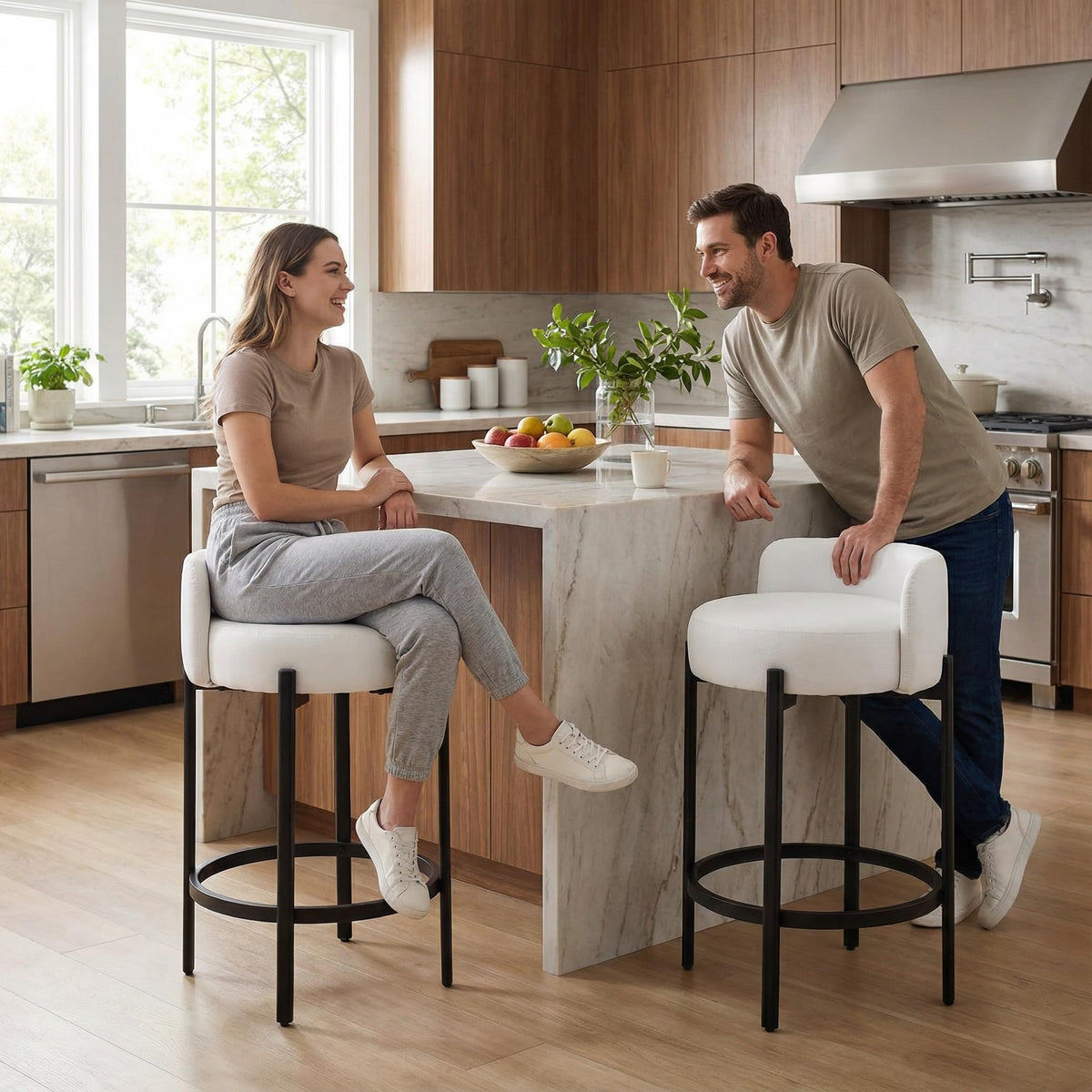 LukeAlon Rustic Modern Round Wood-Leg Low-Back Stool 5733