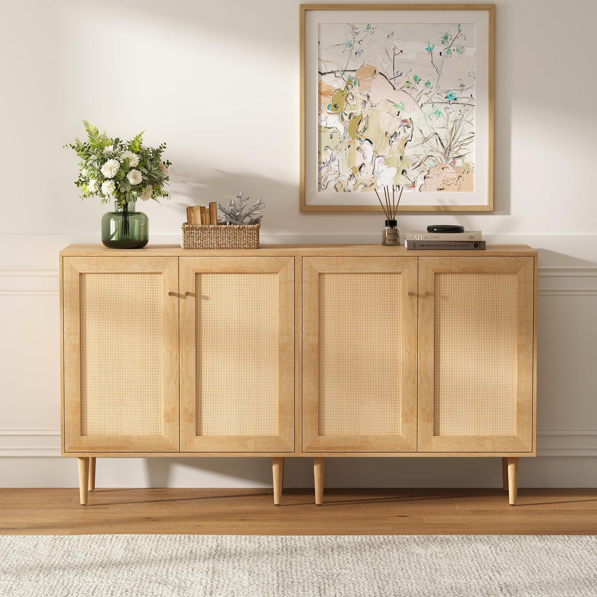 Boho Rattan Sideboard Cabinet with Adjustable Shelves