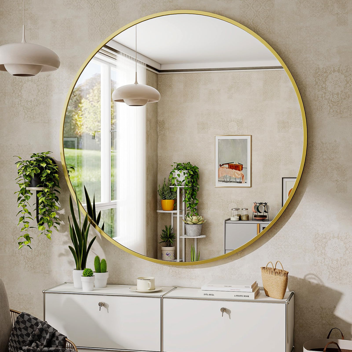 BEAUTYPEAK Round Metal Frame Decorative Wall Mirror